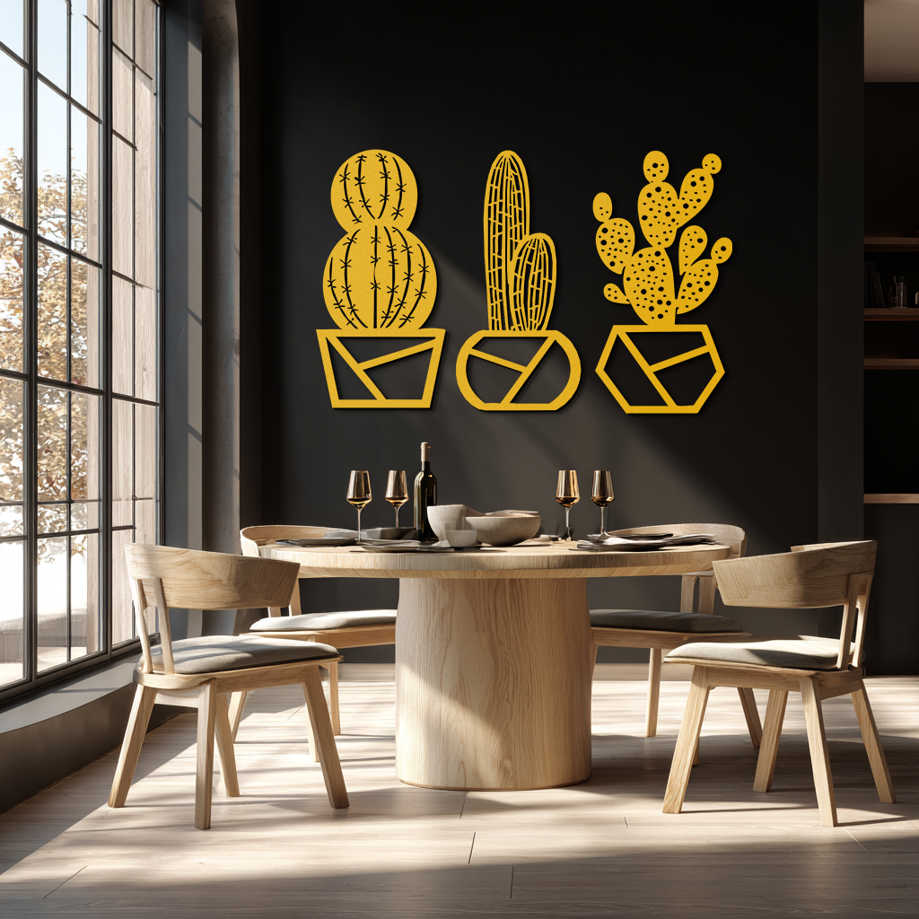 Geometric Cactus Set Metal Wall Art – Modern Black Steel Succulent Decor for Home and Office- KAF518
