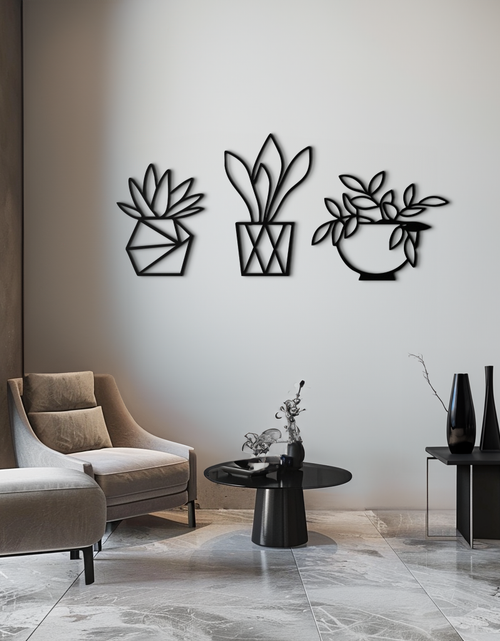 Load image into Gallery viewer, Geometric Plant Silhouette Metal Wall Art – Modern Black Botanical Home Decor- KAF519