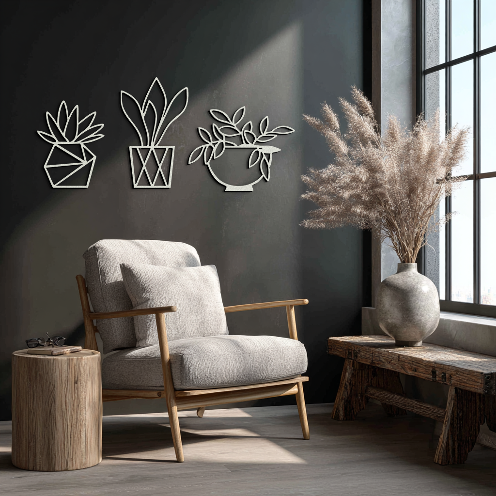 Geometric Plant Silhouette Metal Wall Art – Modern Black Botanical Home Decor- KAF519
