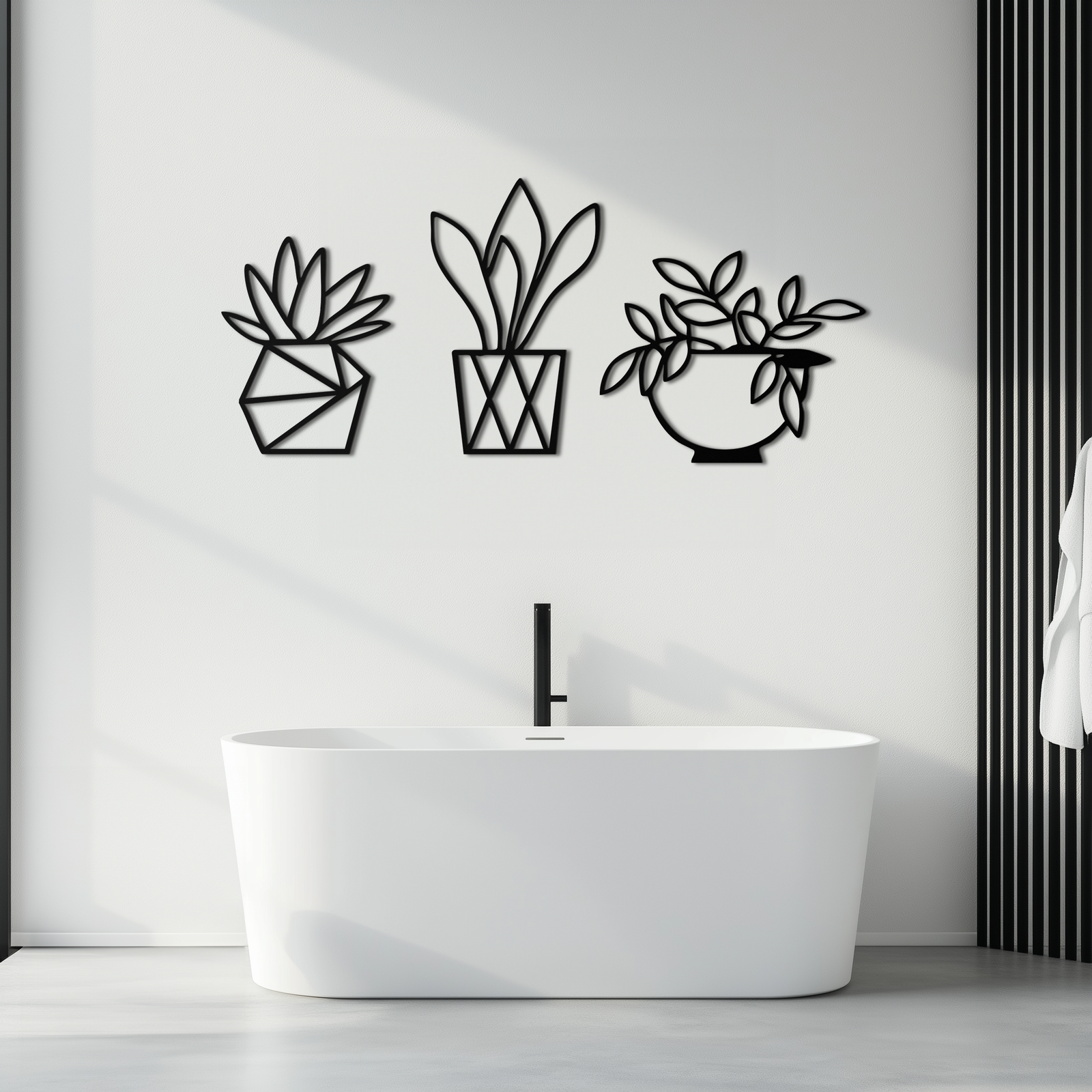 Geometric Plant Silhouette Metal Wall Art – Modern Black Botanical Home Decor- KAF519