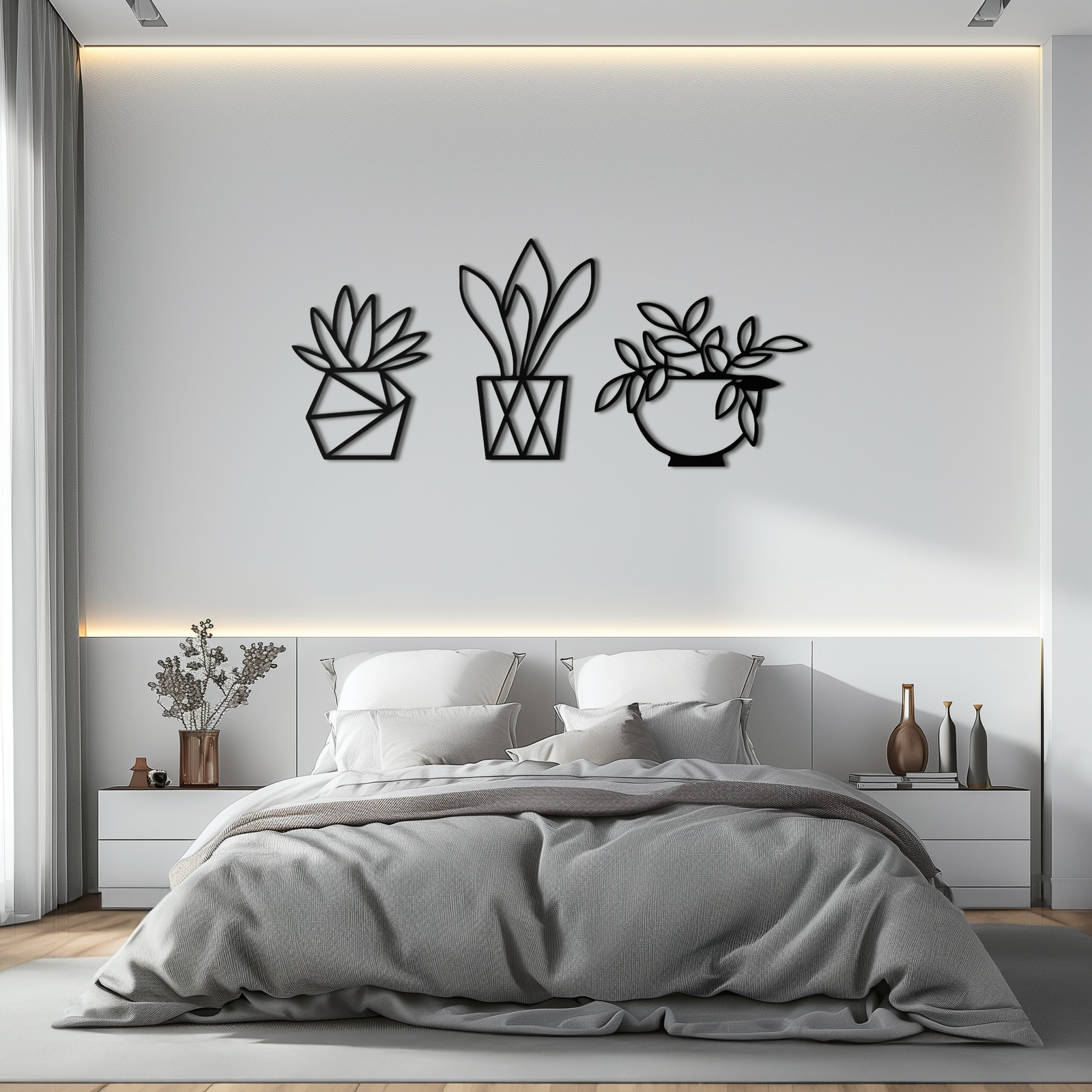 Geometric Plant Silhouette Metal Wall Art – Modern Black Botanical Home Decor- KAF519