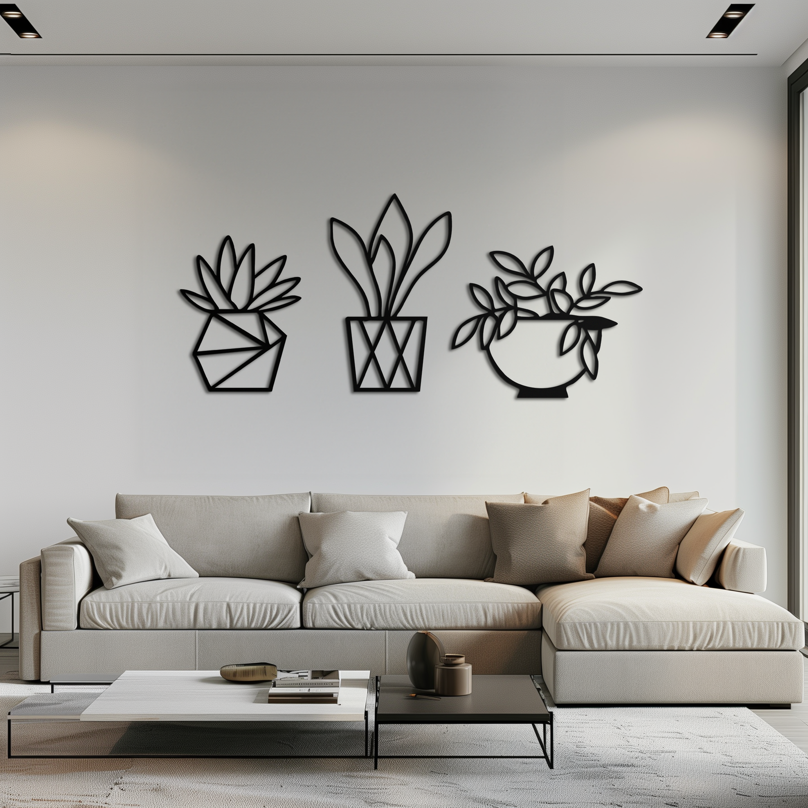 Geometric Plant Silhouette Metal Wall Art – Modern Black Botanical Home Decor- KAF519