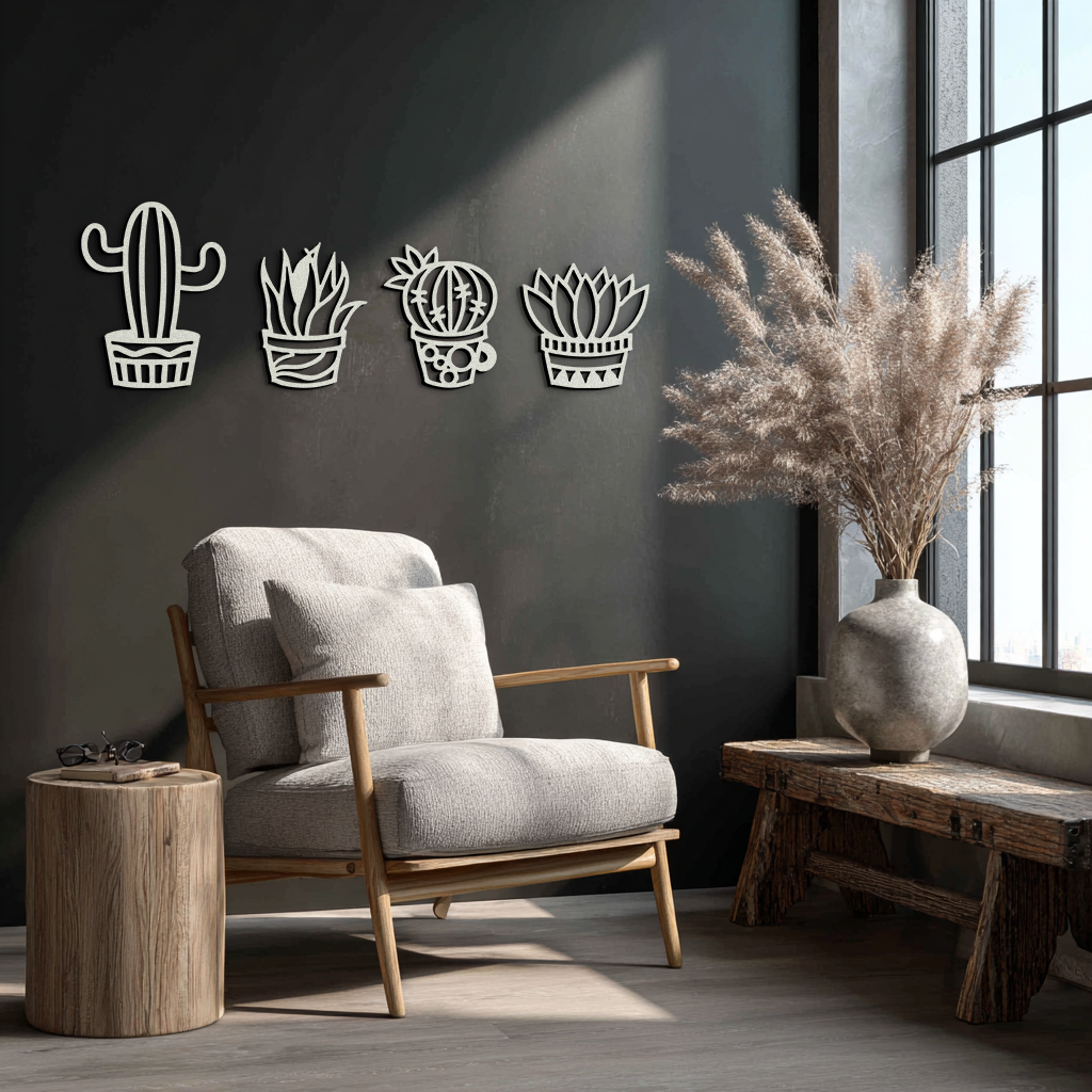Cactus Silhouette Metal Wall Art – Modern Black Botanical Garden Decor- KAF520
