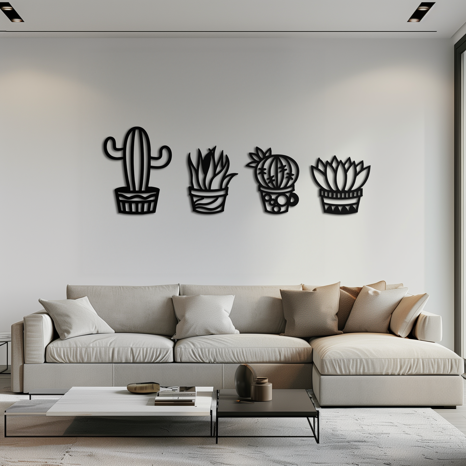 Cactus Silhouette Metal Wall Art – Modern Black Botanical Garden Decor- KAF520