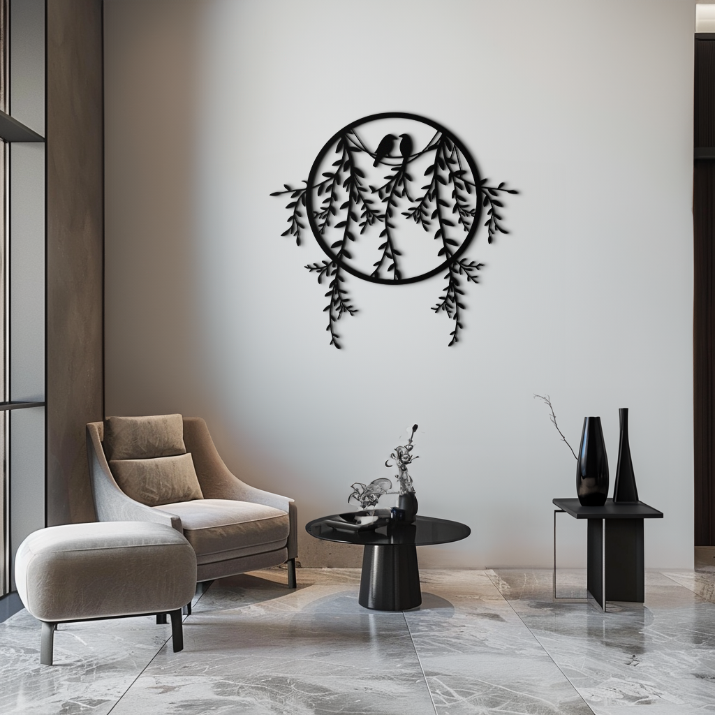 Love Birds Metal Wall Art – Romantic Nature Inspired Black Metal Decor- KAF523