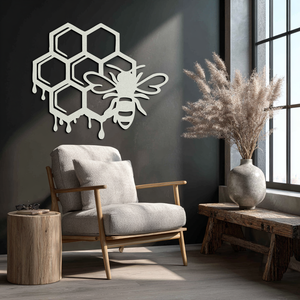 Honeybee and Honeycomb Silhouette Metal Wall Art – Modern Bee Home Decor- KAF543