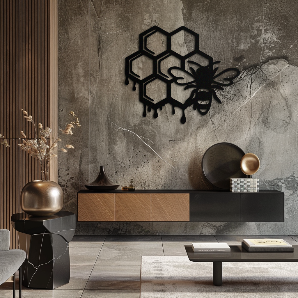 Honeybee and Honeycomb Silhouette Metal Wall Art – Modern Bee Home Decor- KAF543