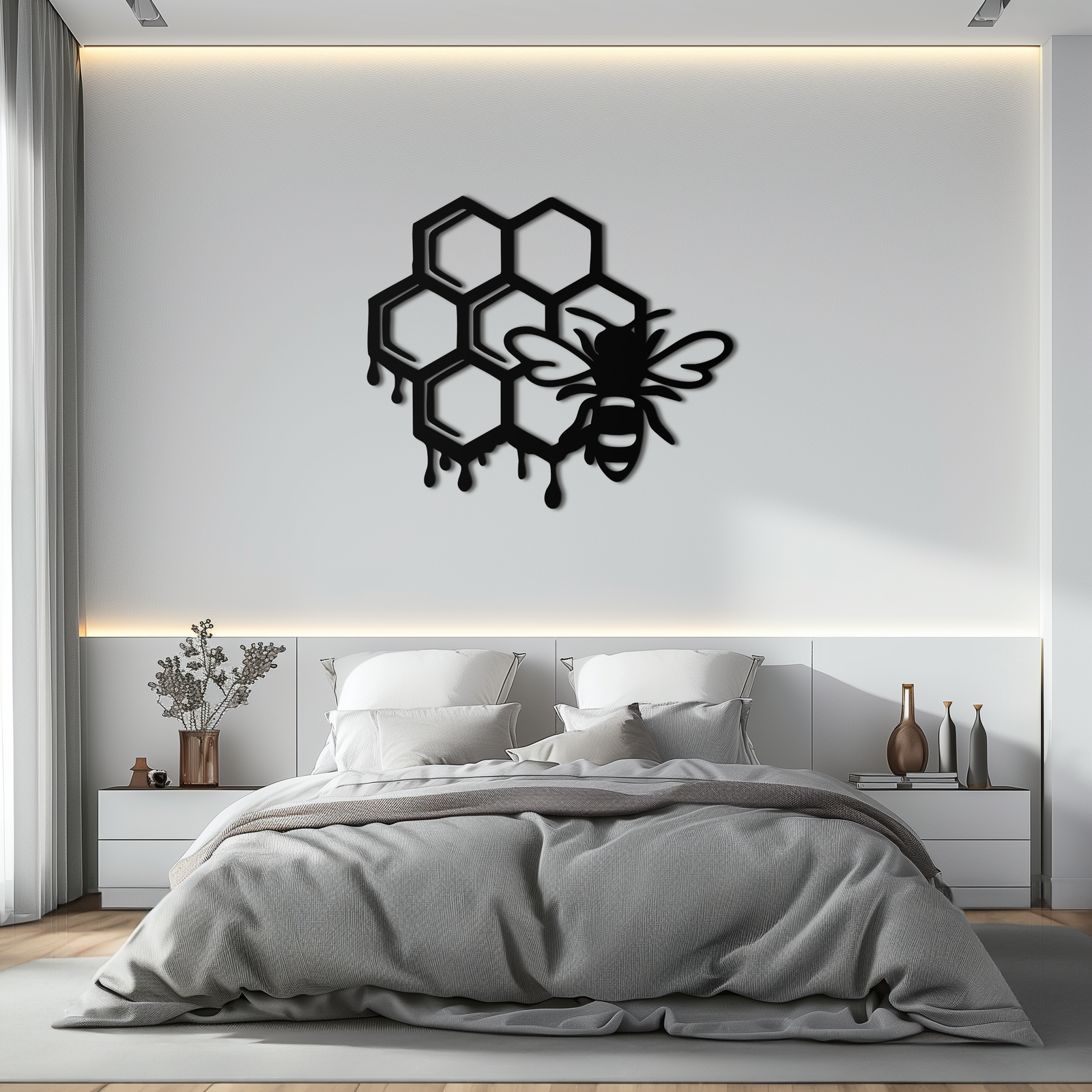 Honeybee and Honeycomb Silhouette Metal Wall Art – Modern Bee Home Decor- KAF543