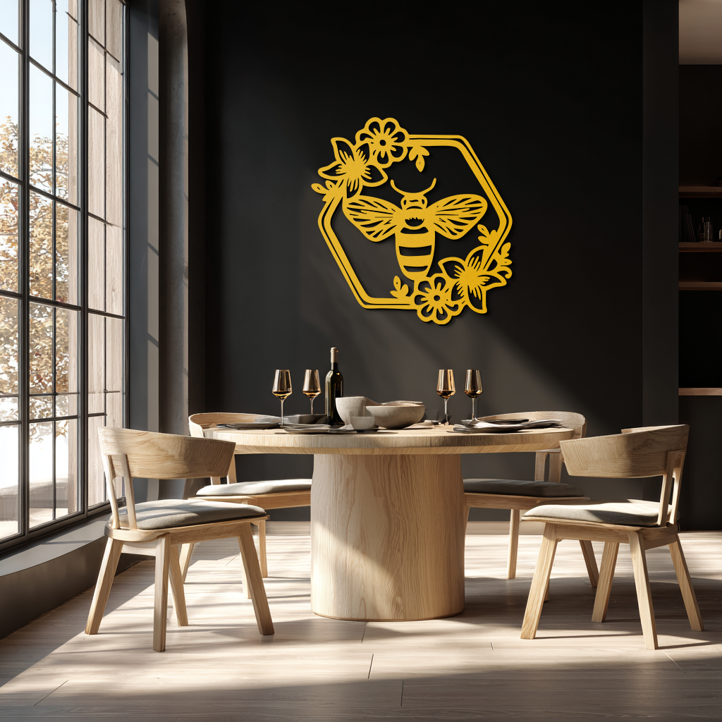 Floral Bee Silhouette Metal Wall Art – Nature Inspired Home Decoration- KAF544