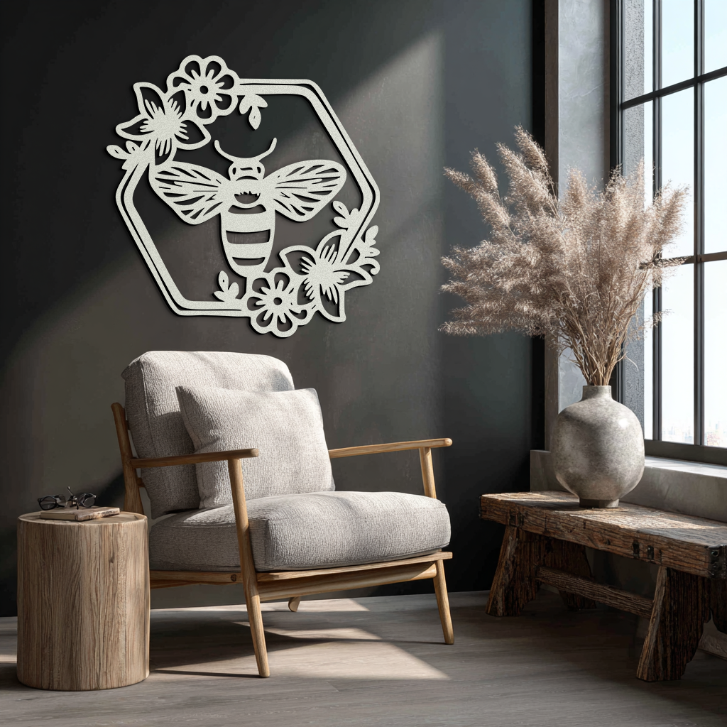 Floral Bee Silhouette Metal Wall Art – Nature Inspired Home Decoration- KAF544