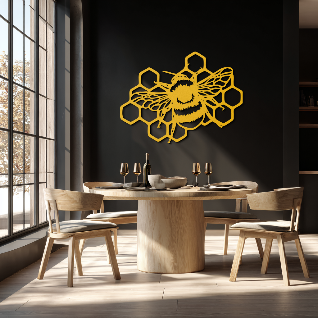 Bumblebee and Honeycomb Silhouette Metal Wall Art – Nature-Inspired Black Bee Decor- KAF545