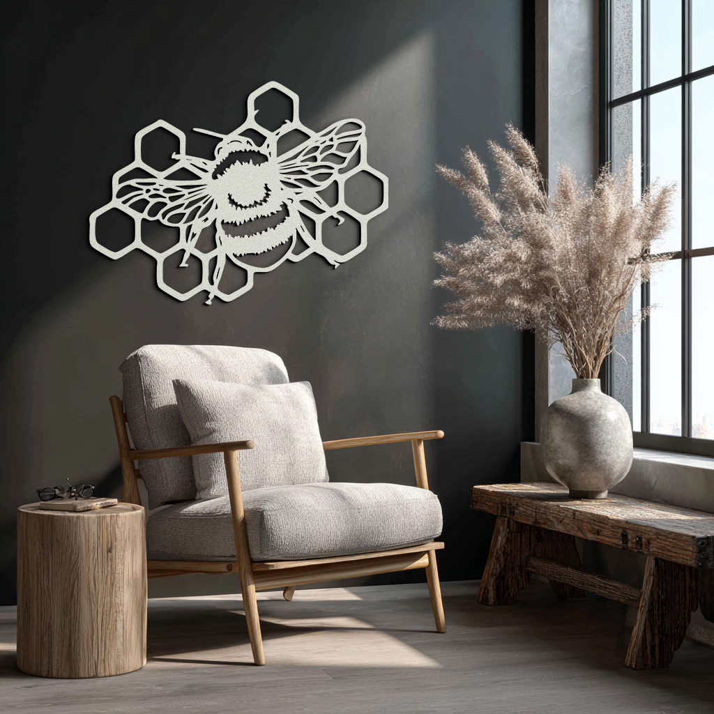 Bumblebee and Honeycomb Silhouette Metal Wall Art – Nature-Inspired Black Bee Decor- KAF545