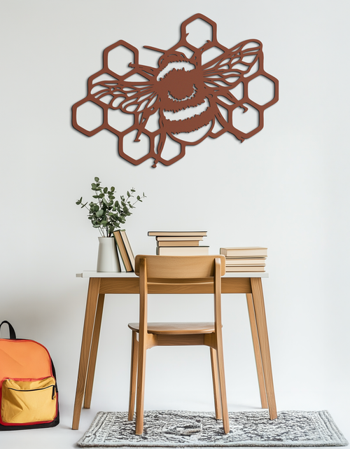 Load image into Gallery viewer, Bumblebee and Honeycomb Silhouette Metal Wall Art – Nature-Inspired Black Bee Decor- KAF545
