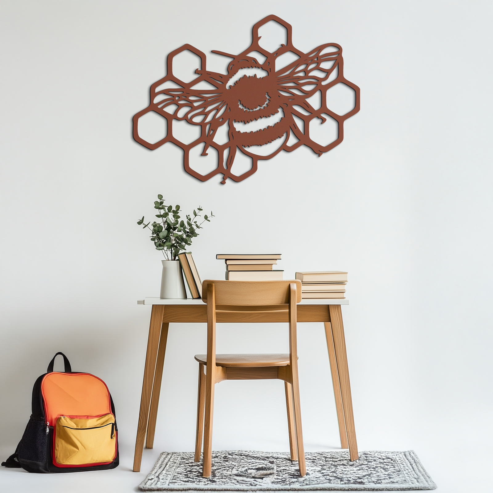 Bumblebee and Honeycomb Silhouette Metal Wall Art – Nature-Inspired Black Bee Decor- KAF545