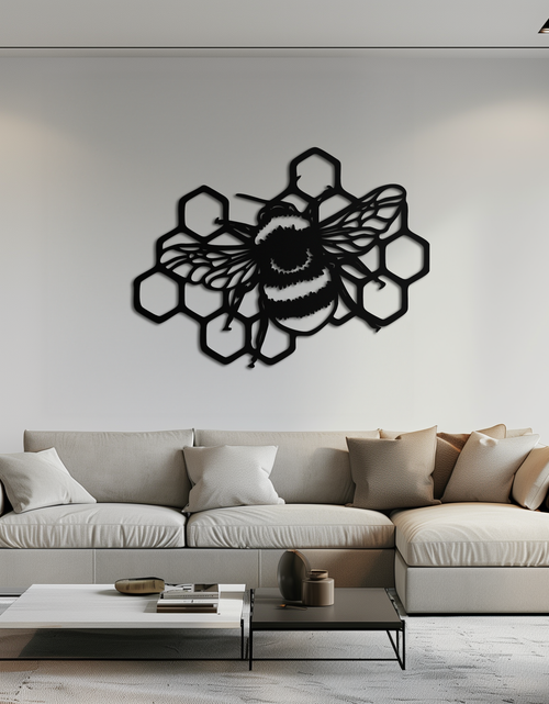 Load image into Gallery viewer, Bumblebee and Honeycomb Silhouette Metal Wall Art – Nature-Inspired Black Bee Decor- KAF545