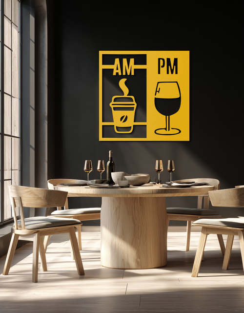 Load image into Gallery viewer, Morning Coffee and Evening Wine Metal Wall Art – AM PM Modern Black Kitchen Decor- KAF547