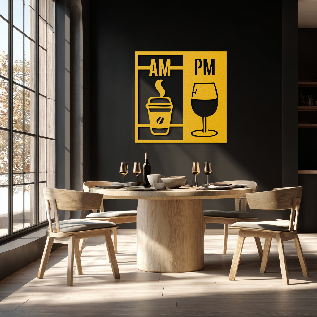 Morning Coffee and Evening Wine Metal Wall Art – AM PM Modern Black Kitchen Decor- KAF547