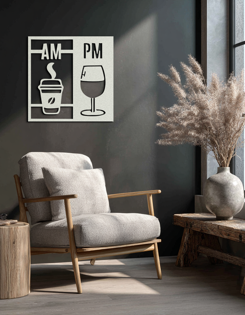 Load image into Gallery viewer, Morning Coffee and Evening Wine Metal Wall Art – AM PM Modern Black Kitchen Decor- KAF547