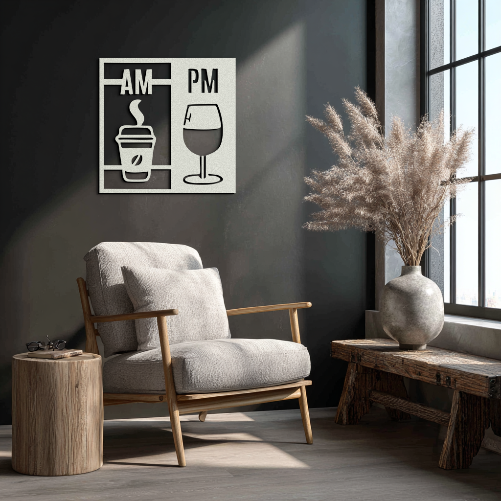 Morning Coffee and Evening Wine Metal Wall Art – AM PM Modern Black Kitchen Decor- KAF547