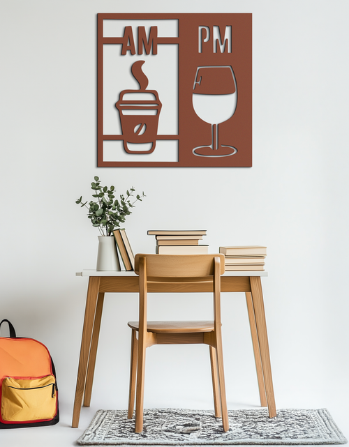 Load image into Gallery viewer, Morning Coffee and Evening Wine Metal Wall Art – AM PM Modern Black Kitchen Decor- KAF547