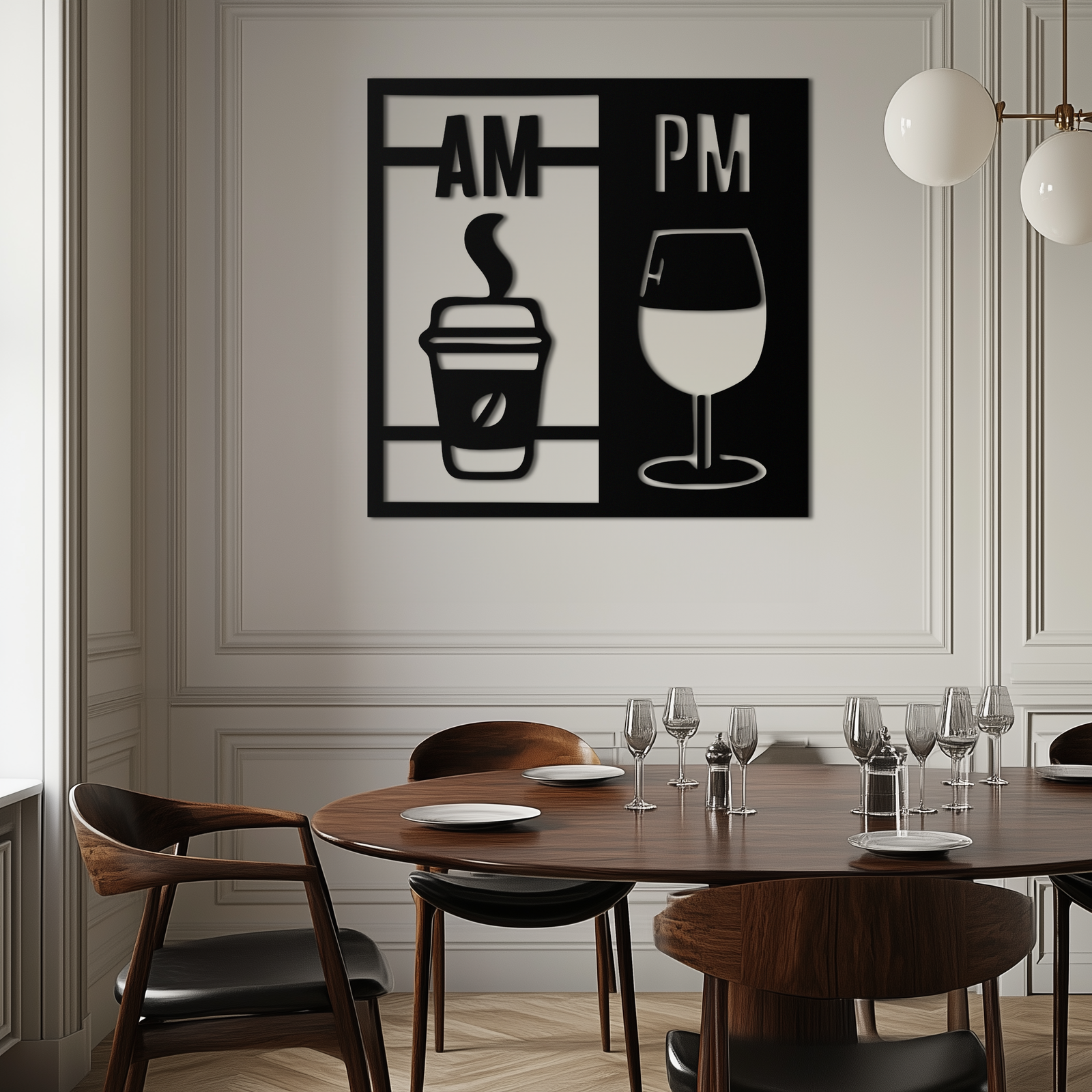 Morning Coffee and Evening Wine Metal Wall Art – AM PM Modern Black Kitchen Decor- KAF547