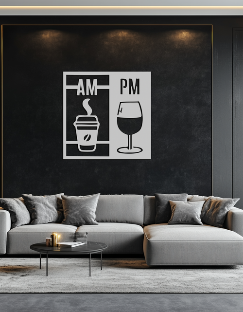 Load image into Gallery viewer, Morning Coffee and Evening Wine Metal Wall Art – AM PM Modern Black Kitchen Decor- KAF547