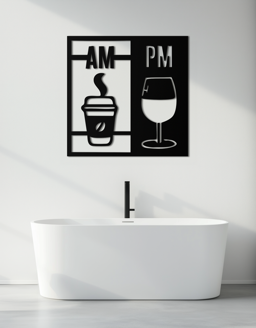 Load image into Gallery viewer, Morning Coffee and Evening Wine Metal Wall Art – AM PM Modern Black Kitchen Decor- KAF547