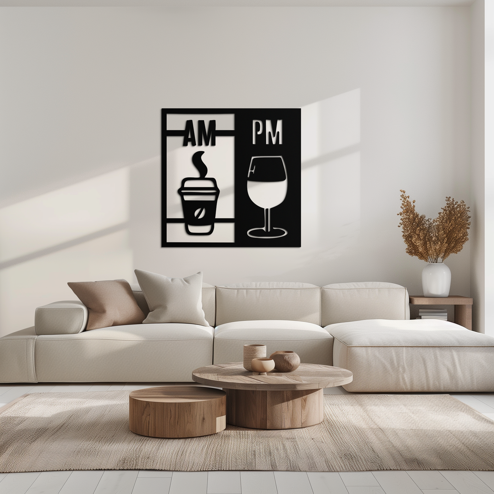 Morning Coffee and Evening Wine Metal Wall Art – AM PM Modern Black Kitchen Decor- KAF547