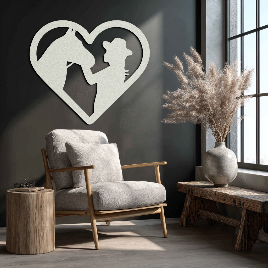 Girl and Horse Silhouette Heart Metal Wall Art – Farmhouse Horse Lover Gift- KAF548