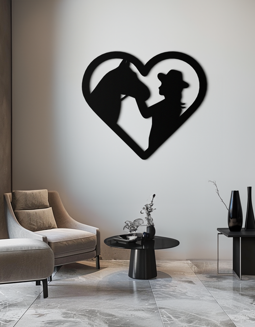 Load image into Gallery viewer, Girl and Horse Silhouette Heart Metal Wall Art – Farmhouse Horse Lover Gift- KAF548