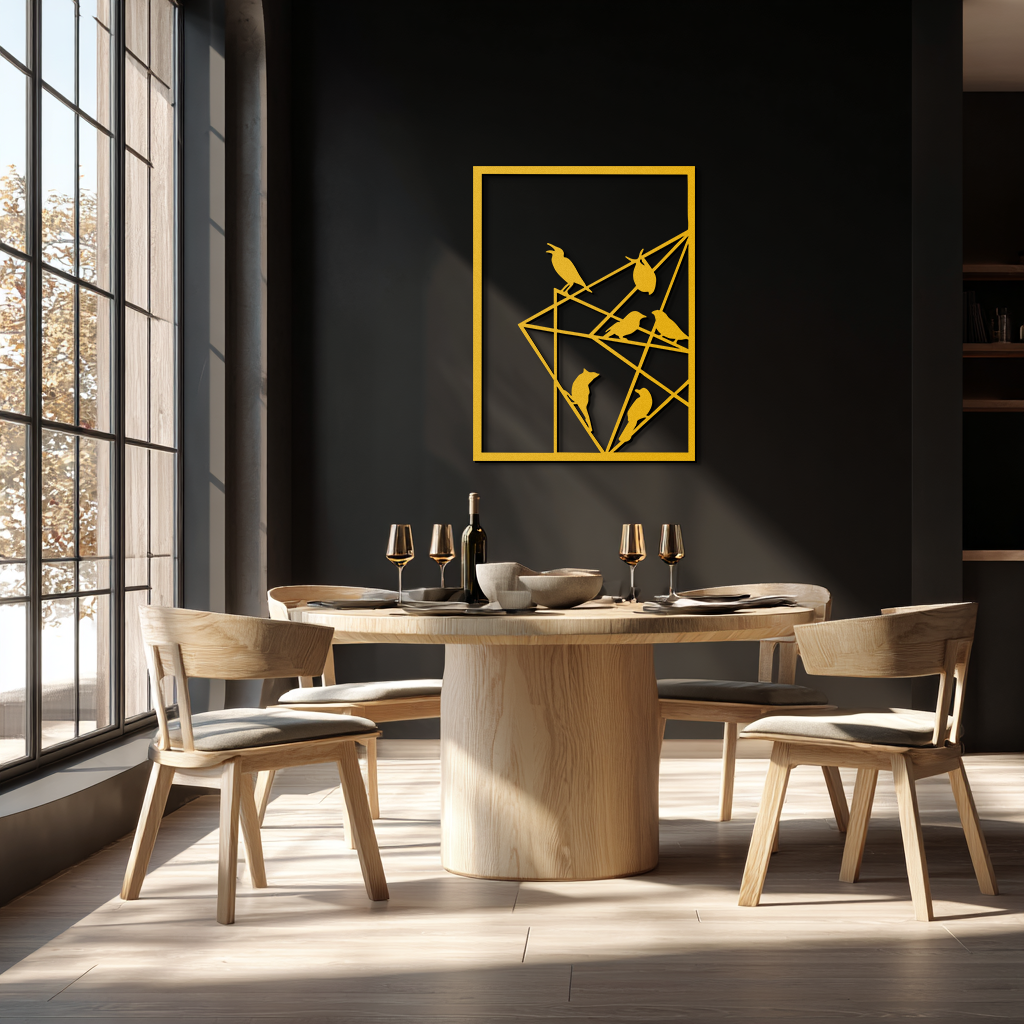 Geometric Birds Gathering Metal Wall Art – Modern Minimalist Black Wall Decor- KAF549
