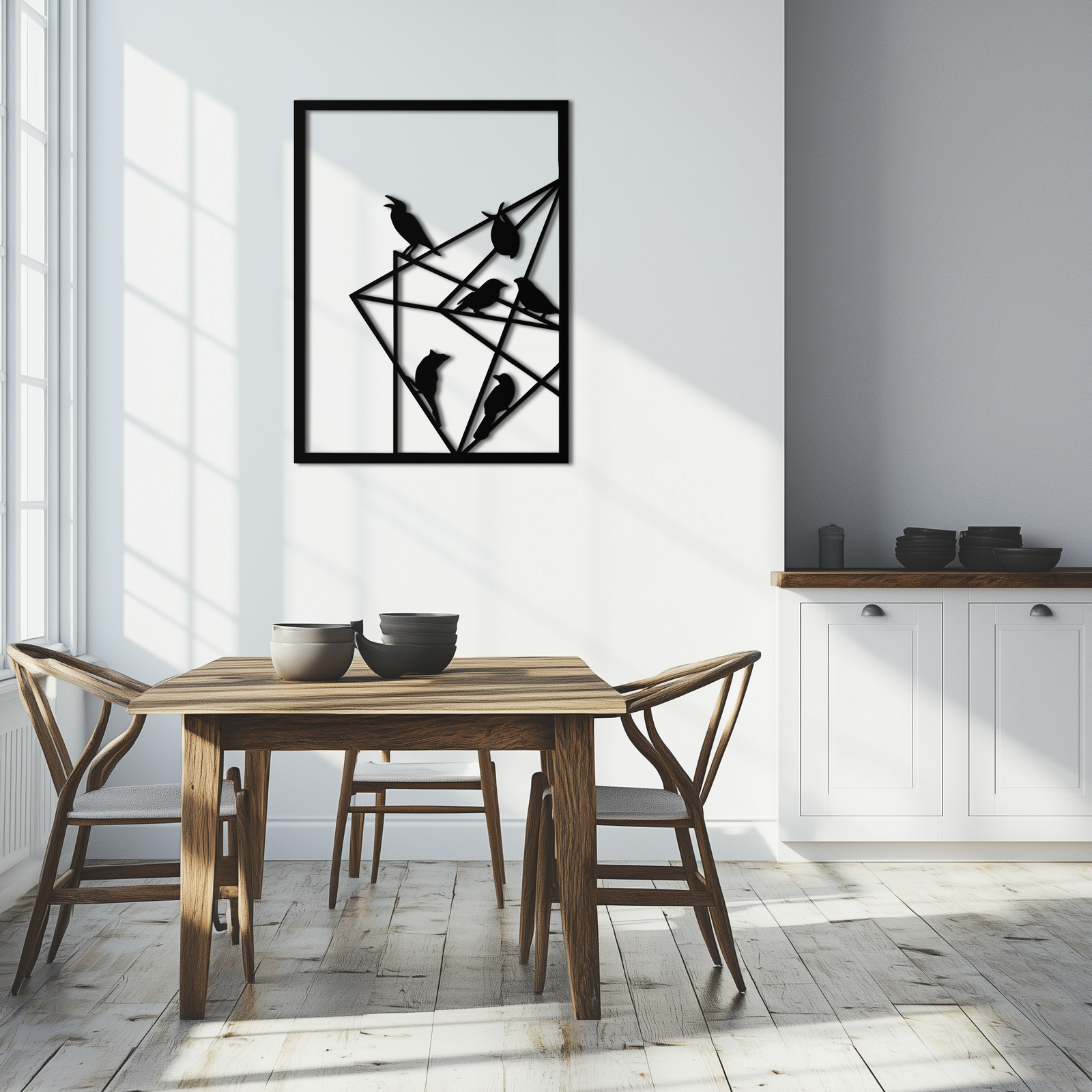 Geometric Birds Gathering Metal Wall Art – Modern Minimalist Black Wall Decor- KAF549