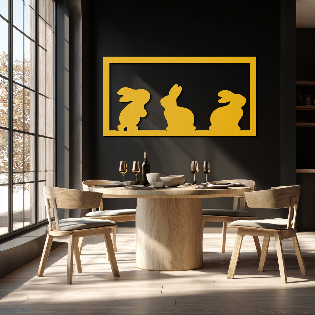 Three Bunny Silhouette Metal Wall Art – Minimalist Black Animal Decor for Nursery and Home- KAF551