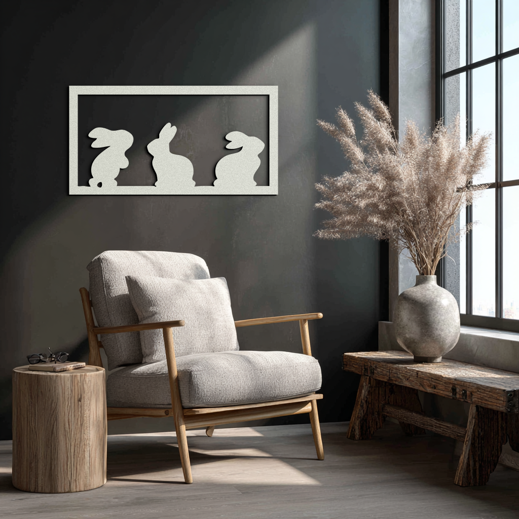 Three Bunny Silhouette Metal Wall Art – Minimalist Black Animal Decor for Nursery and Home- KAF551