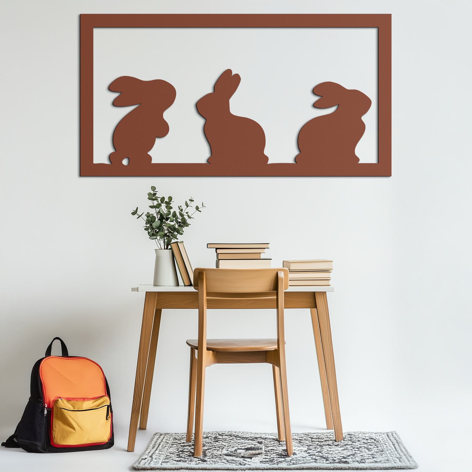 Three Bunny Silhouette Metal Wall Art – Minimalist Black Animal Decor for Nursery and Home- KAF551