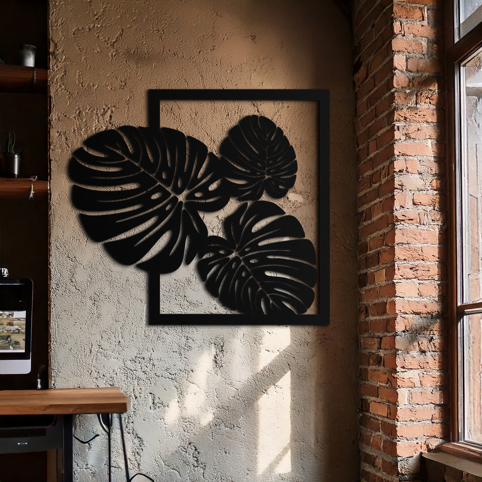 Monstera Leaf Metal Wall Art – Modern Tropical Black Wall Decor for Living Room- KAF552