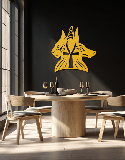 Load image into Gallery viewer, Egyptian Cat and Jackal Metal Wall Art – Ankh Cross Black Wall Decor- KAF558