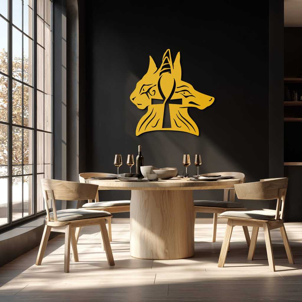 Egyptian Cat and Jackal Metal Wall Art – Ankh Cross Black Wall Decor- KAF558