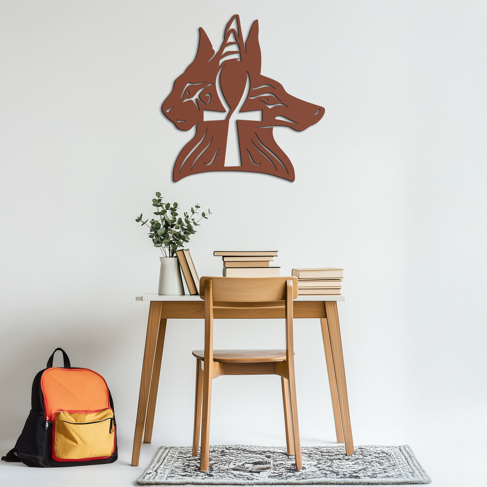 Egyptian Cat and Jackal Metal Wall Art – Ankh Cross Black Wall Decor- KAF558