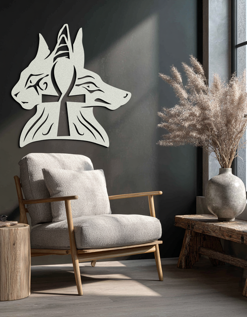 Load image into Gallery viewer, Egyptian Cat and Jackal Metal Wall Art – Ankh Cross Black Wall Decor- KAF558