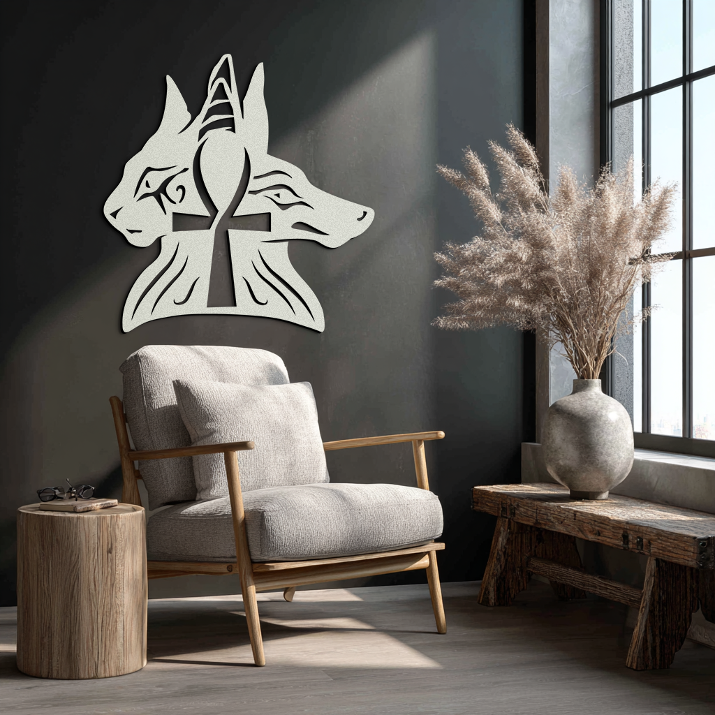 Egyptian Cat and Jackal Metal Wall Art – Ankh Cross Black Wall Decor- KAF558
