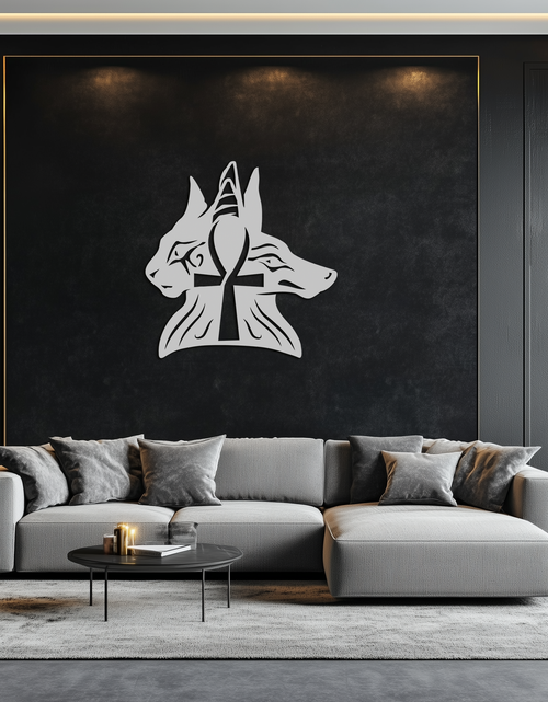 Load image into Gallery viewer, Egyptian Cat and Jackal Metal Wall Art – Ankh Cross Black Wall Decor- KAF558