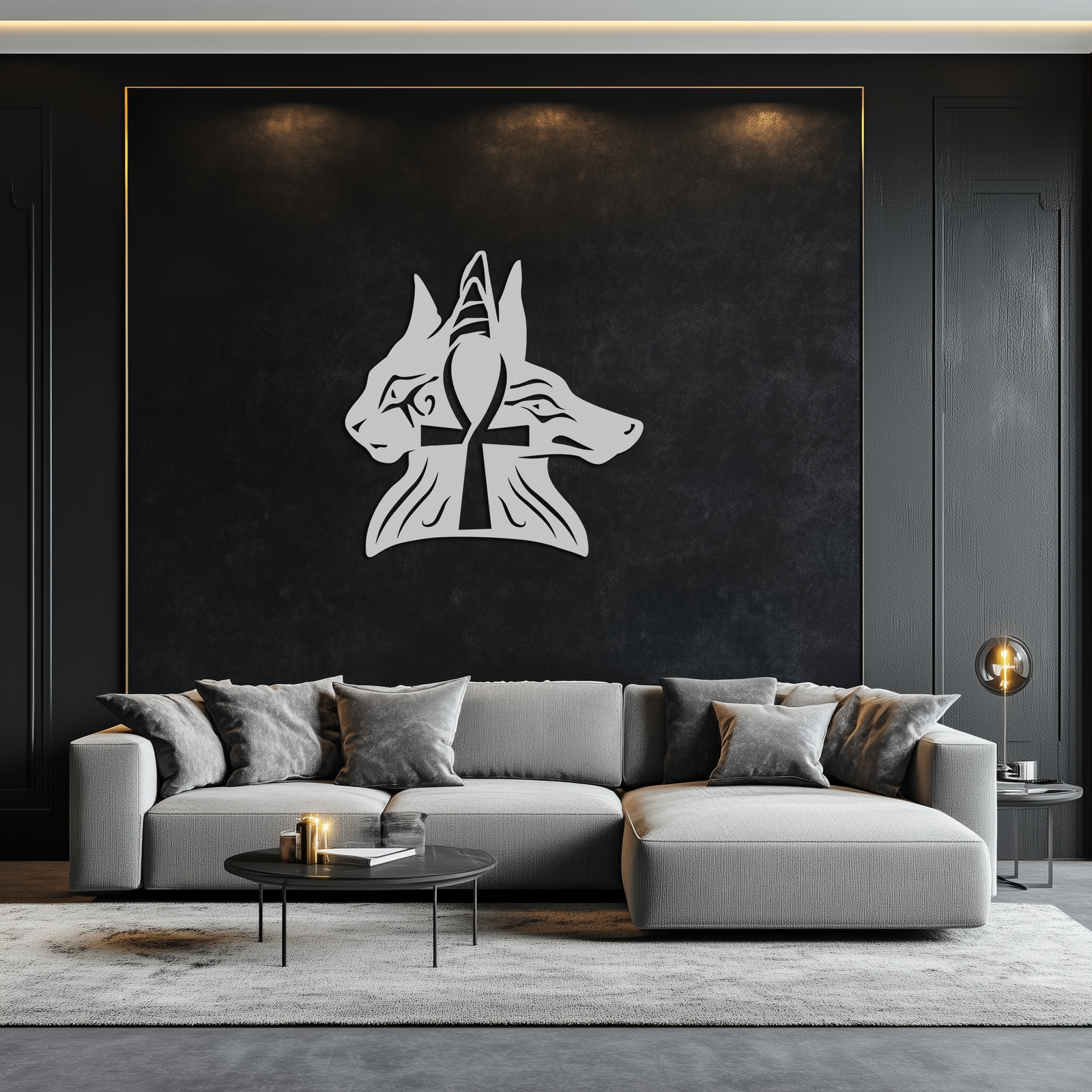 Egyptian Cat and Jackal Metal Wall Art – Ankh Cross Black Wall Decor- KAF558