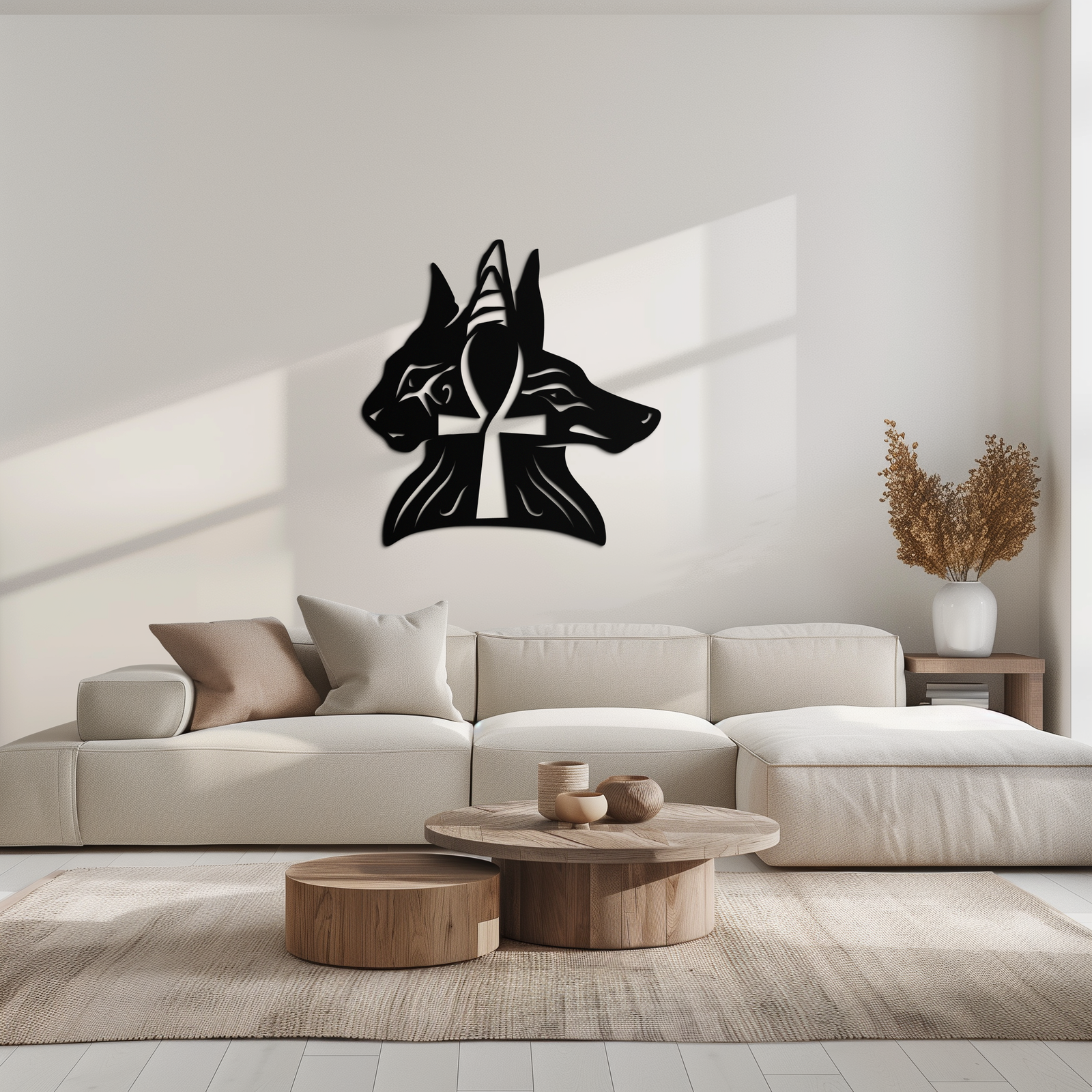 Egyptian Cat and Jackal Metal Wall Art – Ankh Cross Black Wall Decor- KAF558