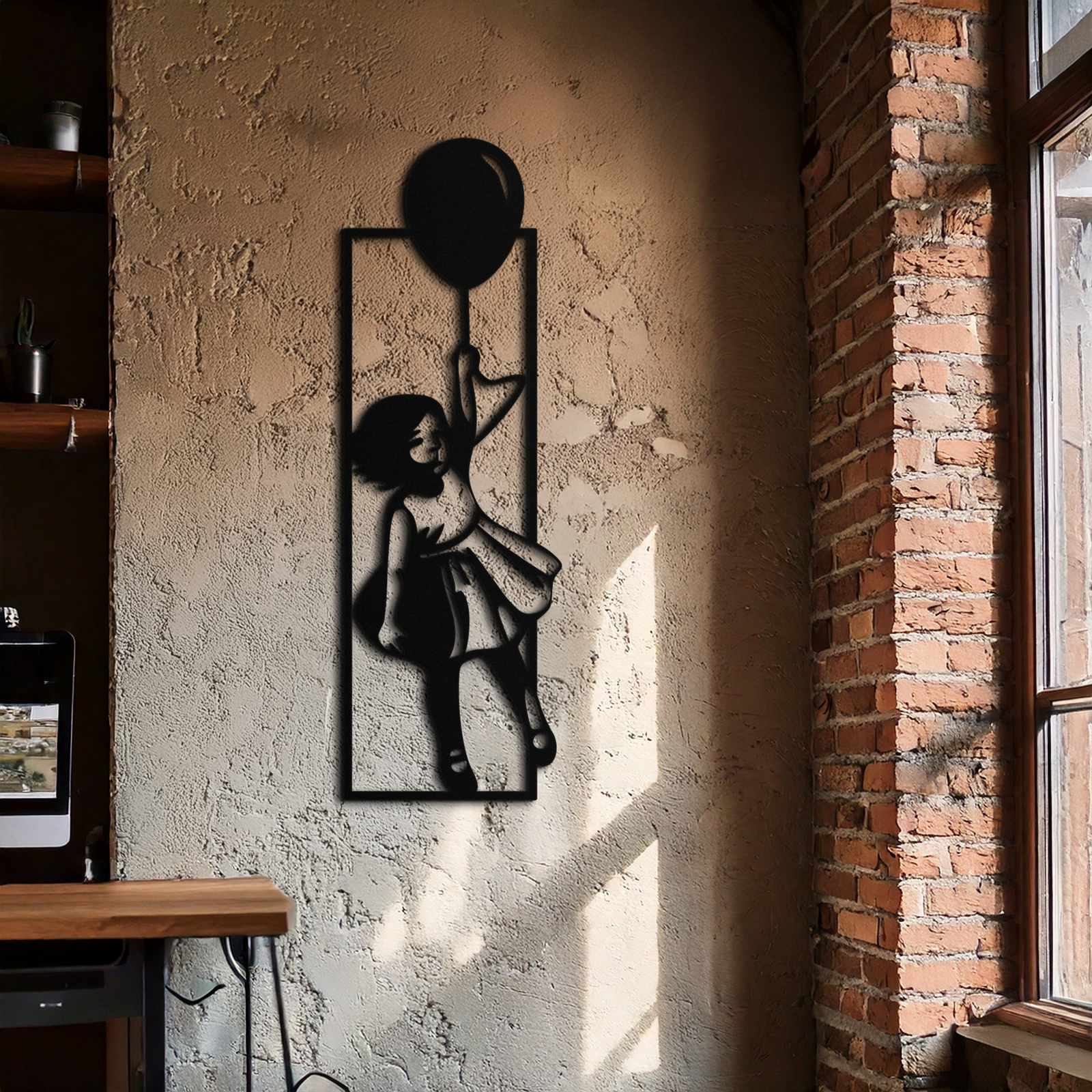 Balloon Girl Silhouette Metal Wall Art – Whimsical Modern Home Decor- KAF563