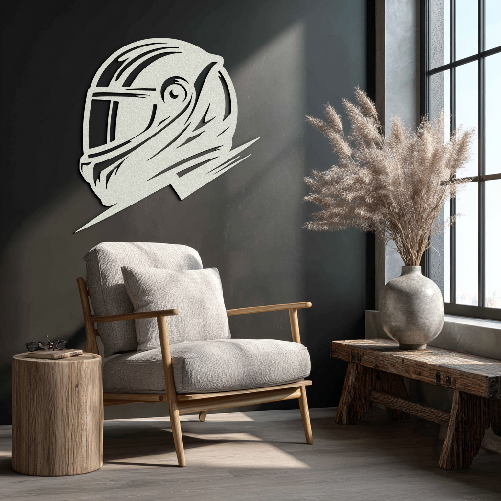 Racing Helmet Silhouette Metal Wall Art – Modern Motorsport Home Decor- KAF565