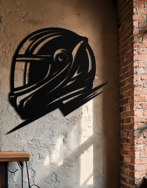 Load image into Gallery viewer, Racing Helmet Silhouette Metal Wall Art – Modern Motorsport Home Decor- KAF565