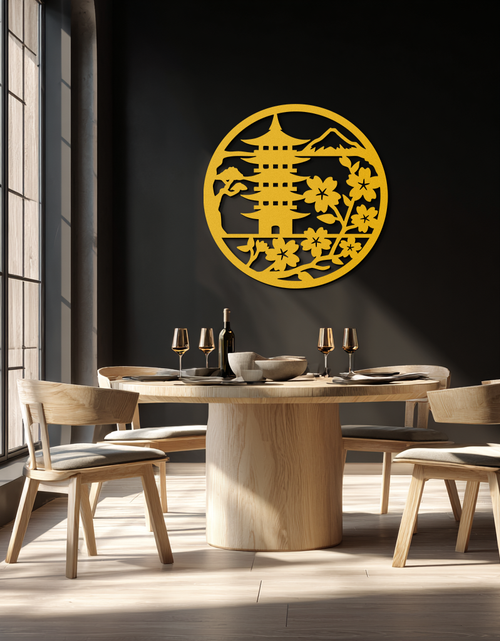 Load image into Gallery viewer, Japanese Pagoda and Sakura Flowers Metal Wall Art – Zen Garden Decor- KAF570