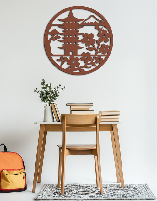 Load image into Gallery viewer, Japanese Pagoda and Sakura Flowers Metal Wall Art – Zen Garden Decor- KAF570