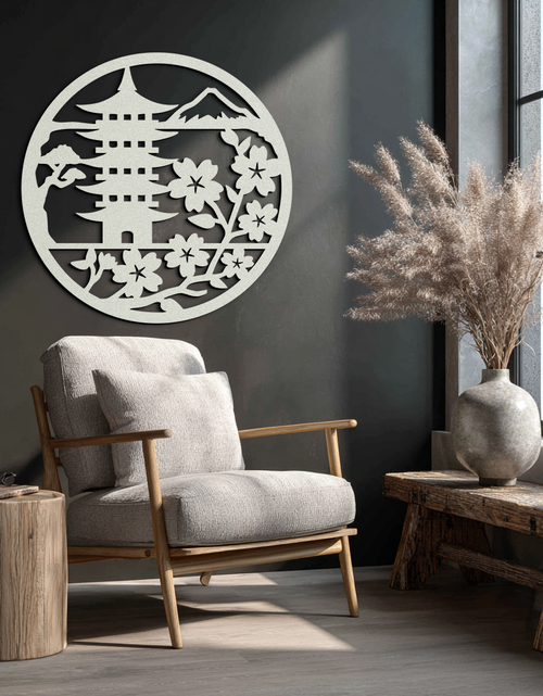 Load image into Gallery viewer, Japanese Pagoda and Sakura Flowers Metal Wall Art – Zen Garden Decor- KAF570